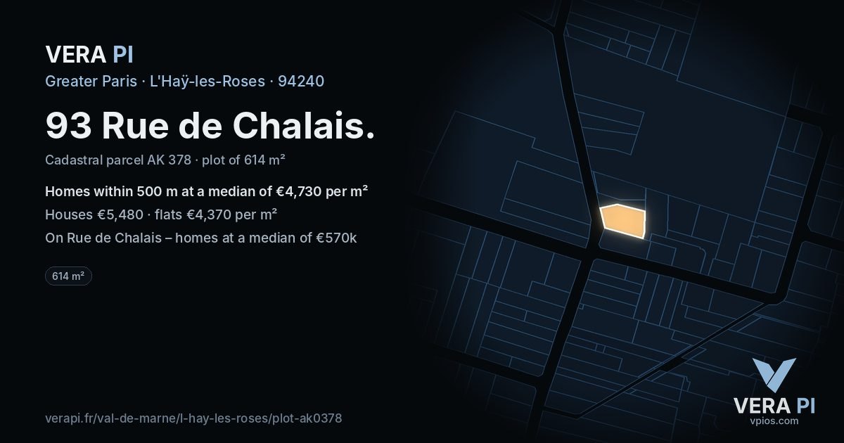 93 Rue de Chalais, L'Haÿ-les-Roses at night – the plot lit, the parcels around coloured by the prices near them