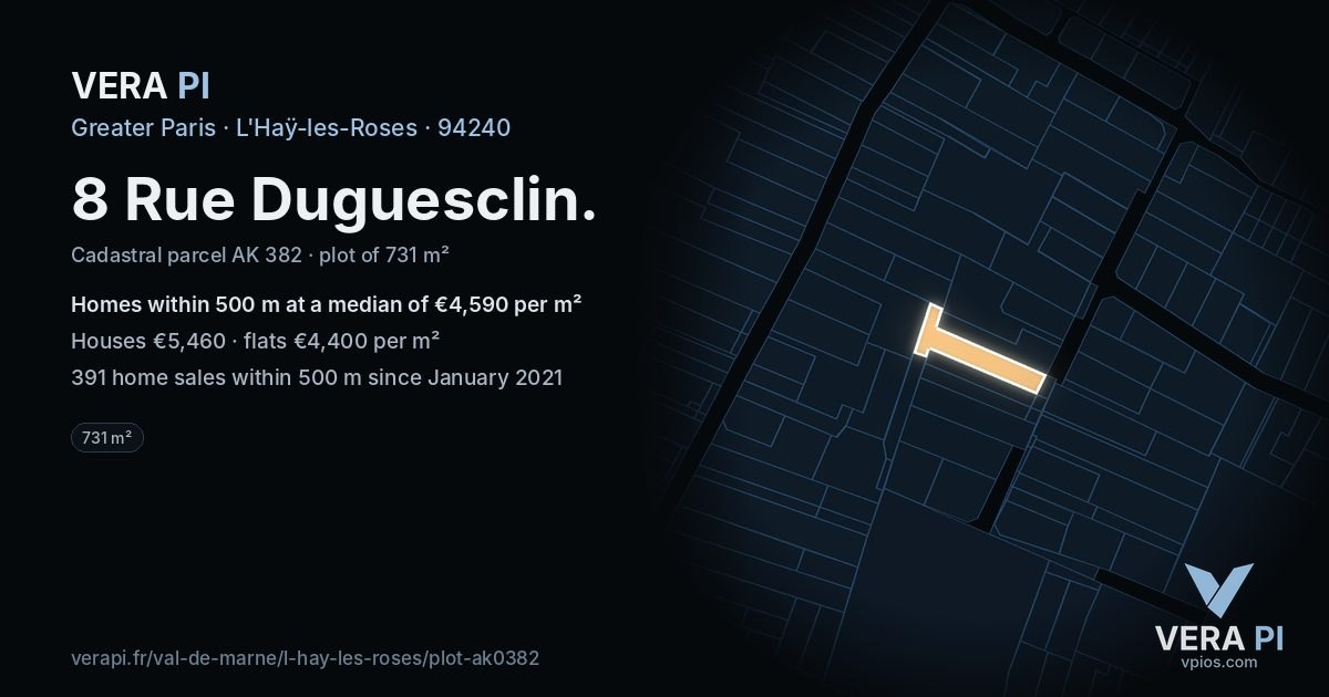 8 Rue Duguesclin, L'Haÿ-les-Roses at night – the plot lit, the parcels around coloured by the prices near them
