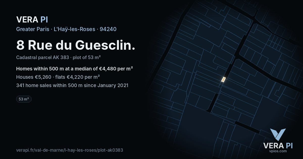 8 Rue du Guesclin, L'Haÿ-les-Roses at night – the plot lit, the parcels around coloured by the prices near them