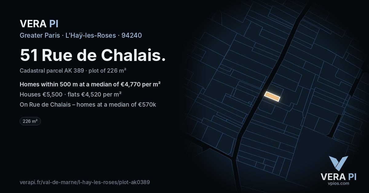 51 Rue de Chalais, L'Haÿ-les-Roses at night – the plot lit, the parcels around coloured by the prices near them
