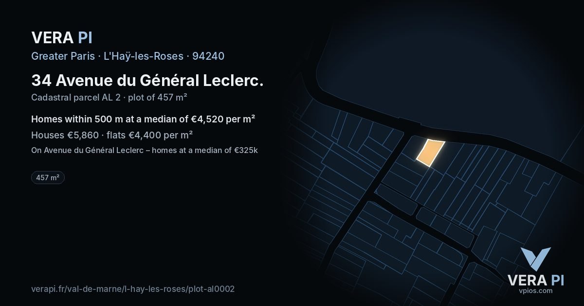 34 Avenue du Général Leclerc, L'Haÿ-les-Roses at night – the plot lit, the parcels around coloured by the prices near them