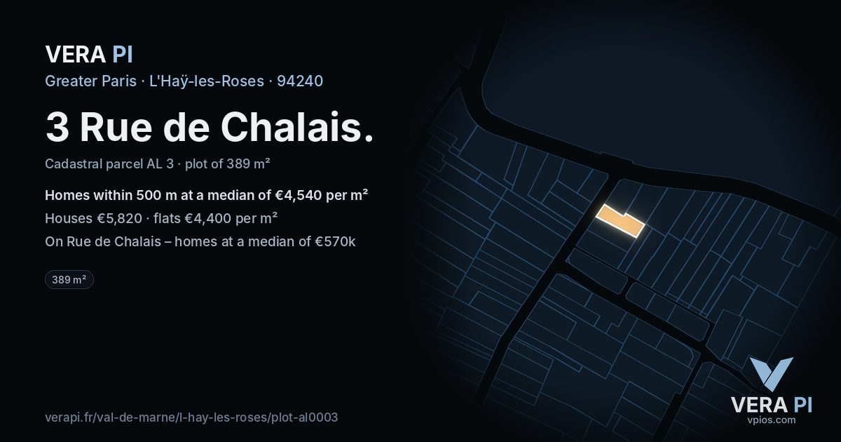 3 Rue de Chalais, L'Haÿ-les-Roses at night – the plot lit, the parcels around coloured by the prices near them