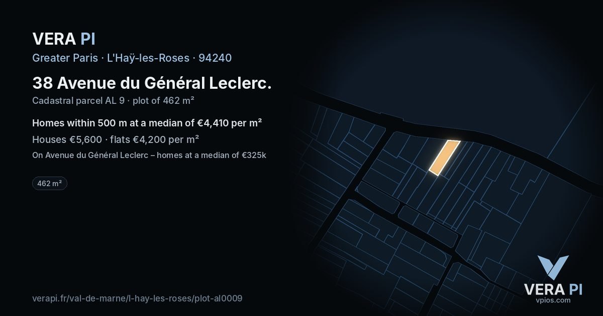 38 Avenue du Général Leclerc, L'Haÿ-les-Roses at night – the plot lit, the parcels around coloured by the prices near them