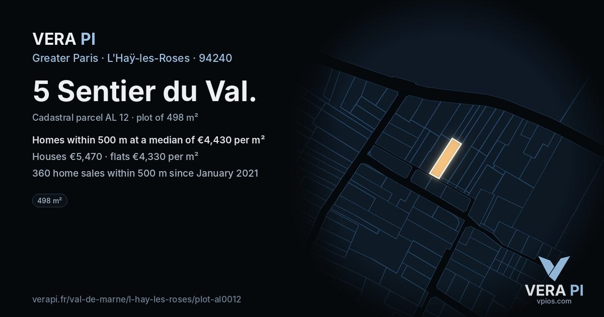 5 Sentier du Val, L'Haÿ-les-Roses at night – the plot lit, the parcels around coloured by the prices near them