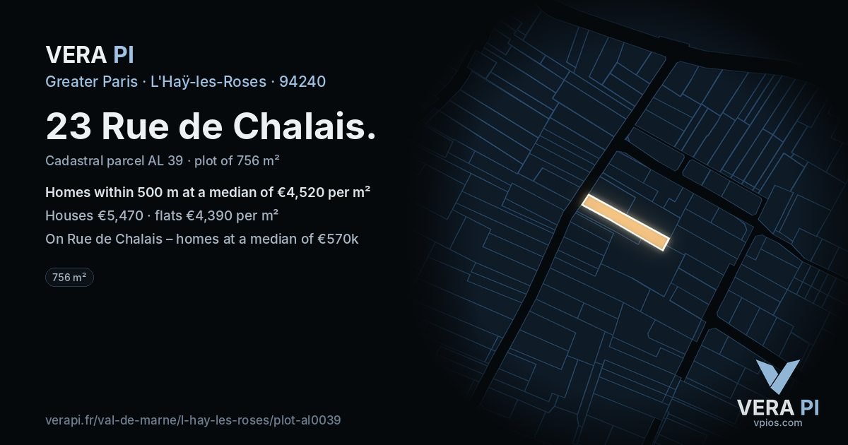23 Rue de Chalais, L'Haÿ-les-Roses at night – the plot lit, the parcels around coloured by the prices near them