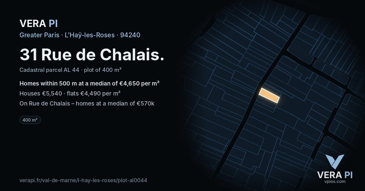 31 Rue de Chalais, L'Haÿ-les-Roses at night – the plot lit, the parcels around coloured by the prices near them
