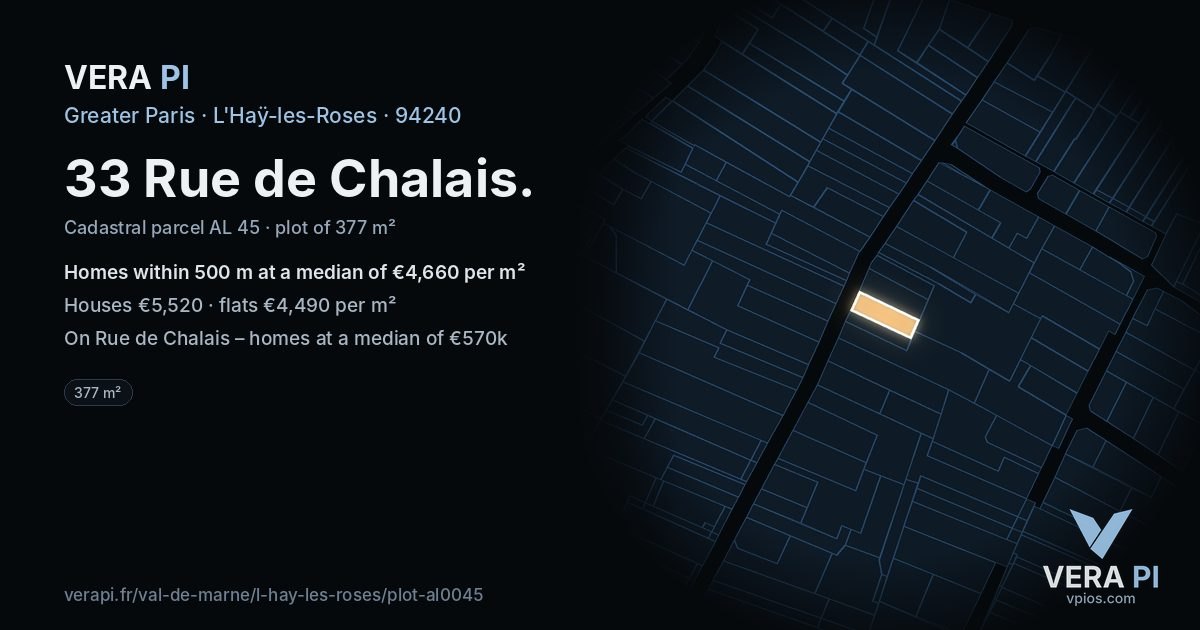 33 Rue de Chalais, L'Haÿ-les-Roses at night – the plot lit, the parcels around coloured by the prices near them