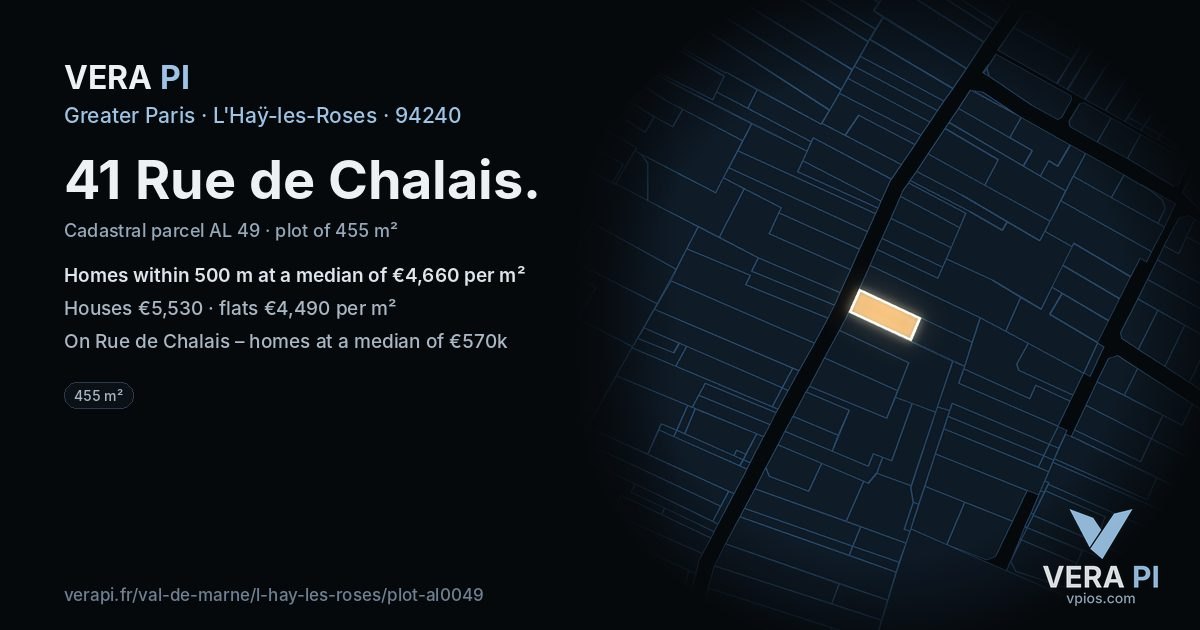 41 Rue de Chalais, L'Haÿ-les-Roses at night – the plot lit, the parcels around coloured by the prices near them