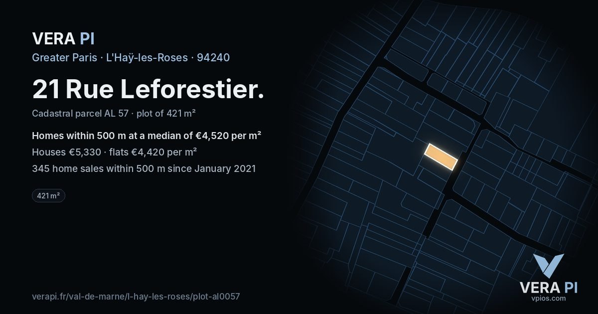 21 Rue Leforestier, L'Haÿ-les-Roses at night – the plot lit, the parcels around coloured by the prices near them