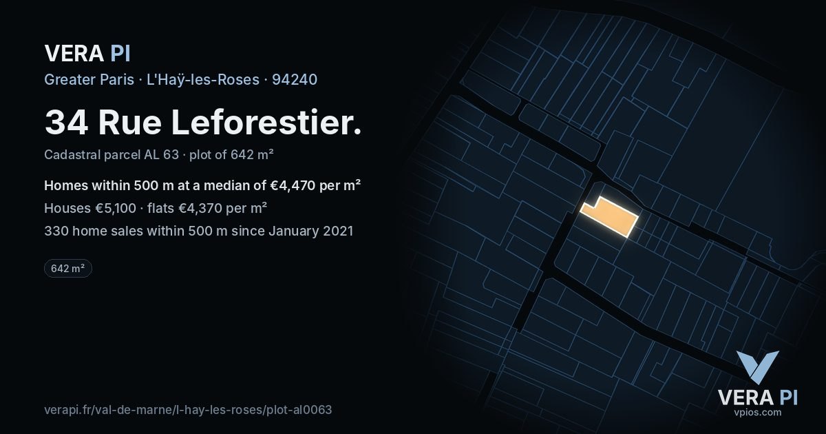 34 Rue Leforestier, L'Haÿ-les-Roses at night – the plot lit, the parcels around coloured by the prices near them