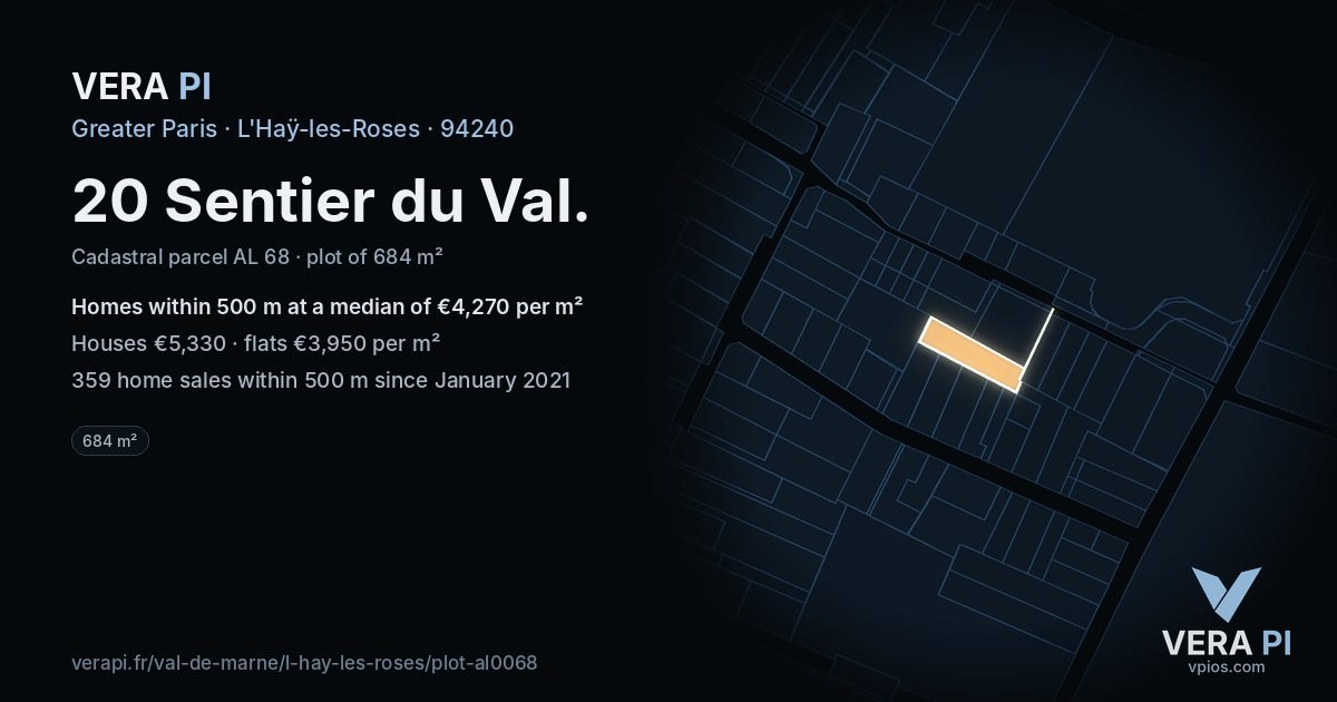 20 Sentier du Val, L'Haÿ-les-Roses at night – the plot lit, the parcels around coloured by the prices near them