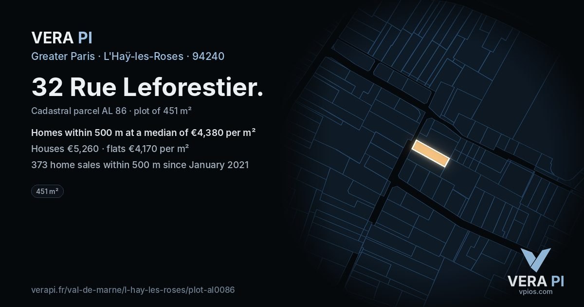 32 Rue Leforestier, L'Haÿ-les-Roses at night – the plot lit, the parcels around coloured by the prices near them