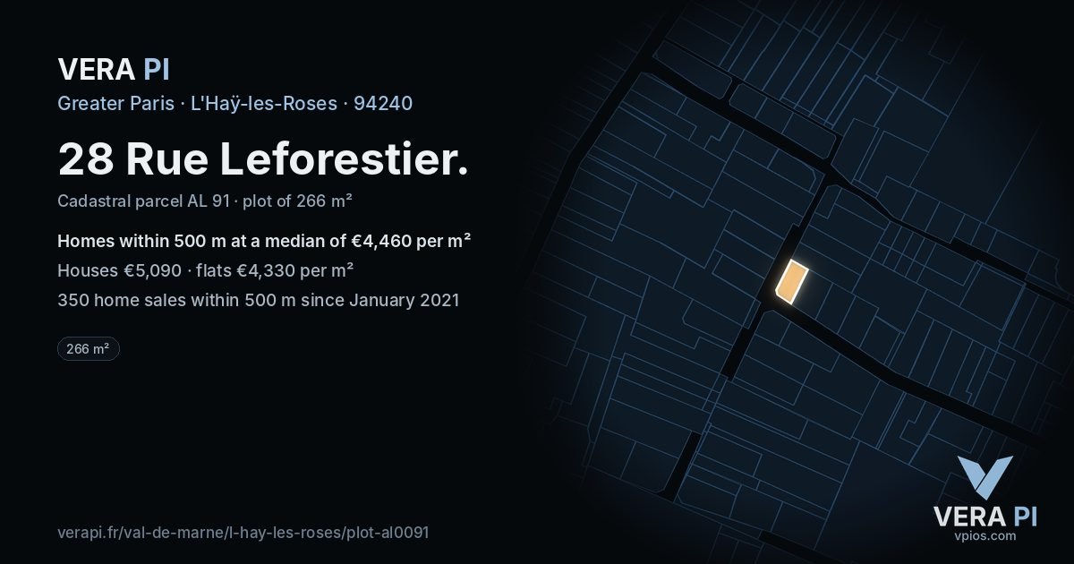 28 Rue Leforestier, L'Haÿ-les-Roses at night – the plot lit, the parcels around coloured by the prices near them