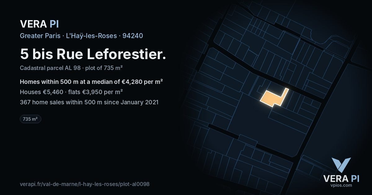 5 bis Rue Leforestier, L'Haÿ-les-Roses at night – the plot lit, the parcels around coloured by the prices near them