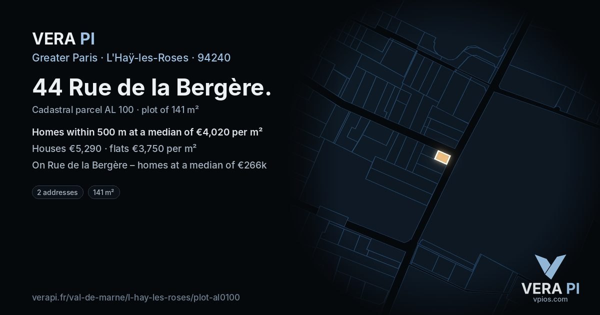 44 Rue de la Bergère, L'Haÿ-les-Roses at night – the plot lit, the parcels around coloured by the prices near them