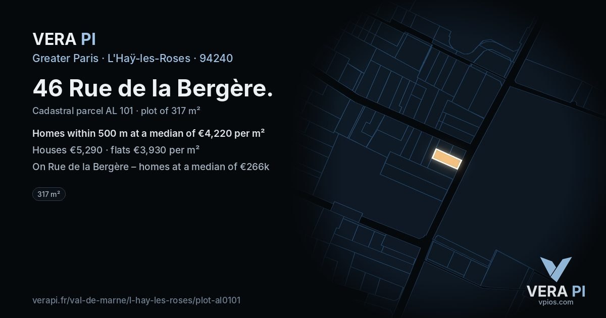 46 Rue de la Bergère, L'Haÿ-les-Roses at night – the plot lit, the parcels around coloured by the prices near them