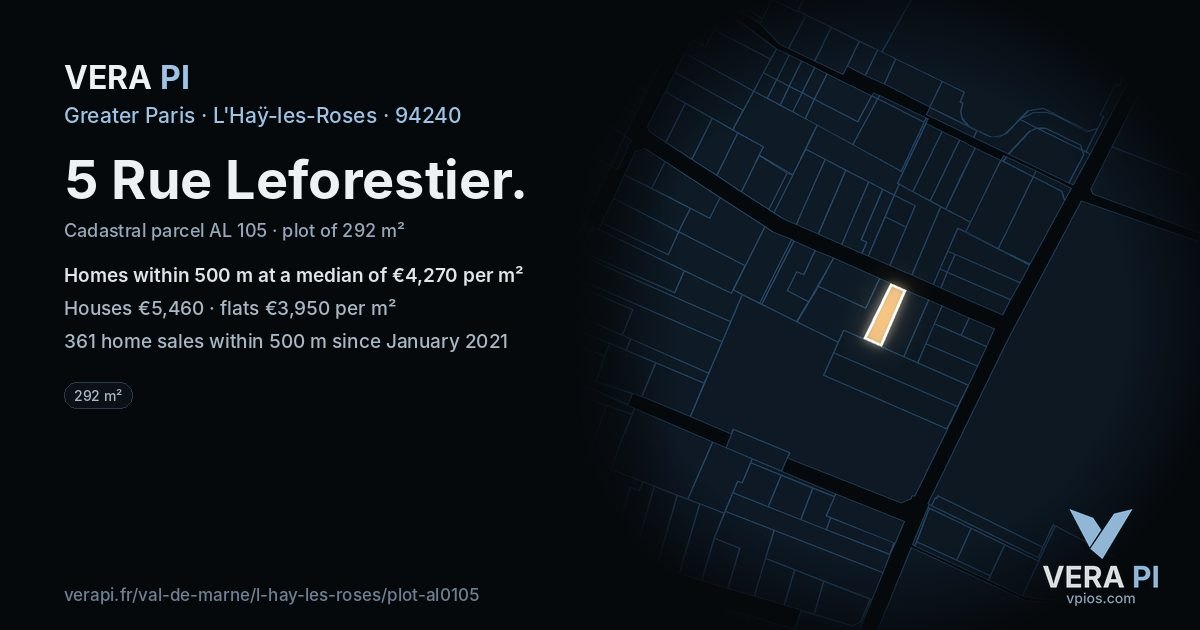 5 Rue Leforestier, L'Haÿ-les-Roses at night – the plot lit, the parcels around coloured by the prices near them