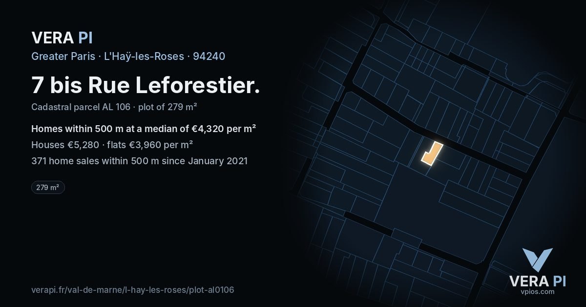 7 bis Rue Leforestier, L'Haÿ-les-Roses at night – the plot lit, the parcels around coloured by the prices near them