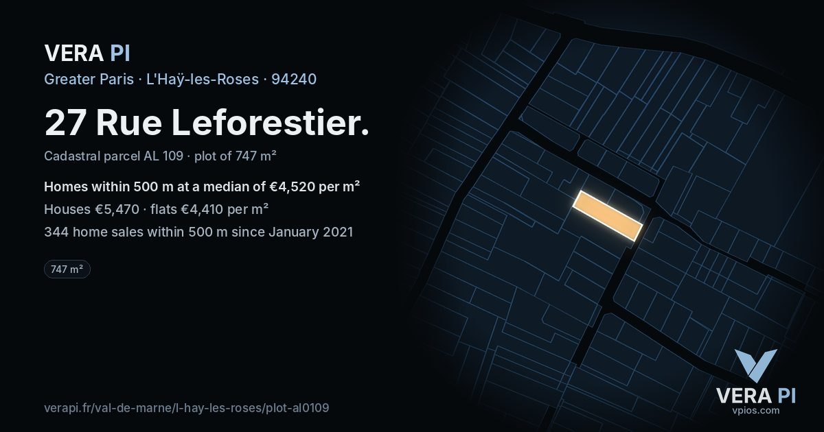 27 Rue Leforestier, L'Haÿ-les-Roses at night – the plot lit, the parcels around coloured by the prices near them