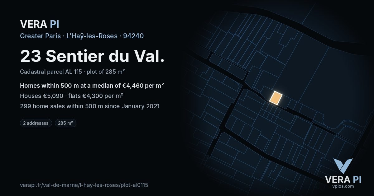 23 Sentier du Val, L'Haÿ-les-Roses at night – the plot lit, the parcels around coloured by the prices near them
