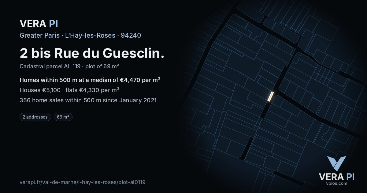 2 bis Rue du Guesclin, L'Haÿ-les-Roses at night – the plot lit, the parcels around coloured by the prices near them