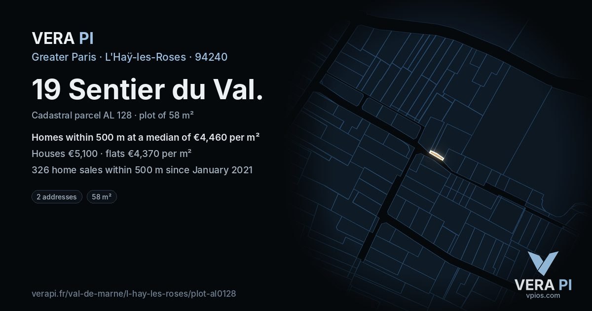 19 Sentier du Val, L'Haÿ-les-Roses at night – the plot lit, the parcels around coloured by the prices near them