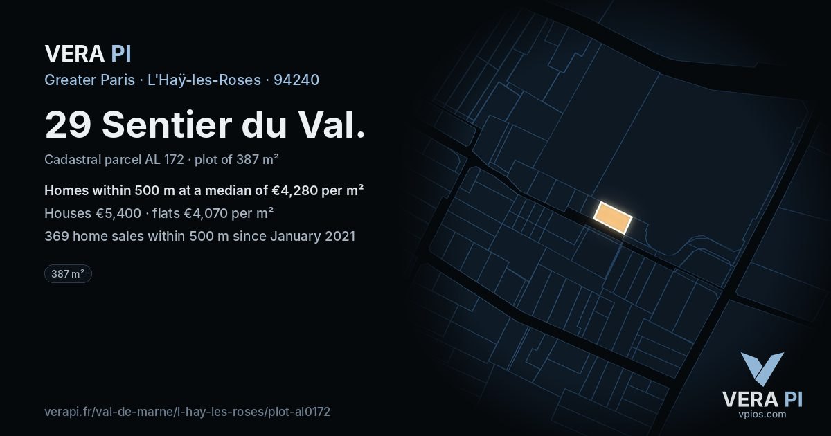 29 Sentier du Val, L'Haÿ-les-Roses at night – the plot lit, the parcels around coloured by the prices near them