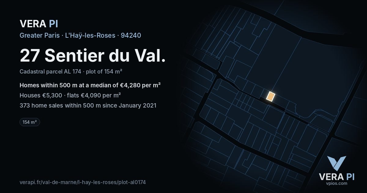27 Sentier du Val, L'Haÿ-les-Roses at night – the plot lit, the parcels around coloured by the prices near them