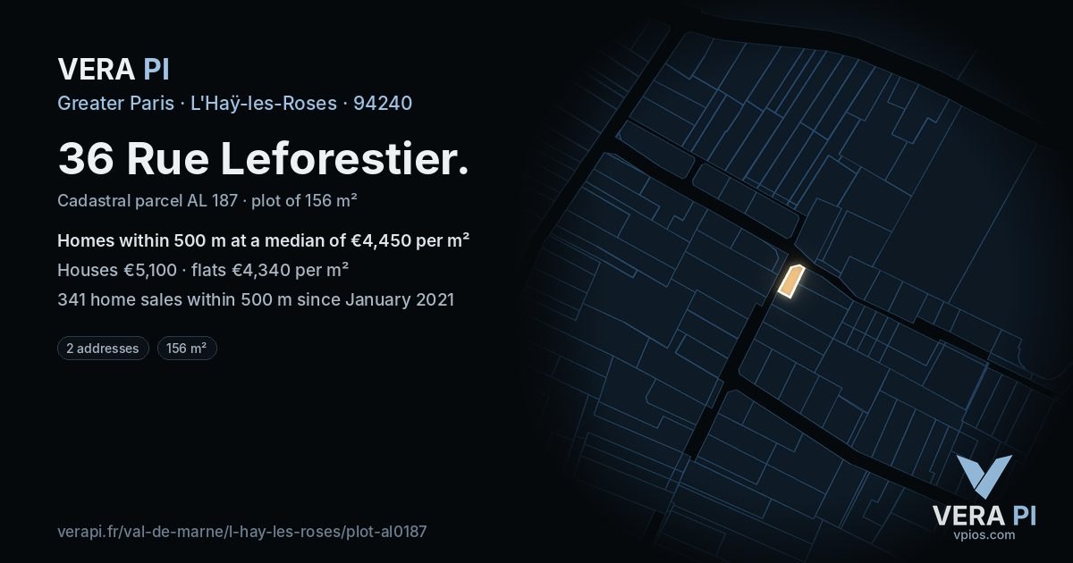 36 Rue Leforestier, L'Haÿ-les-Roses at night – the plot lit, the parcels around coloured by the prices near them