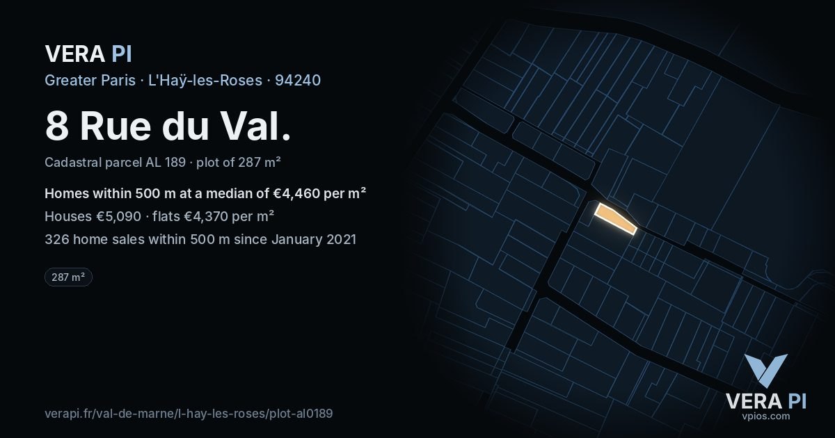 8 Rue du Val, L'Haÿ-les-Roses at night – the plot lit, the parcels around coloured by the prices near them