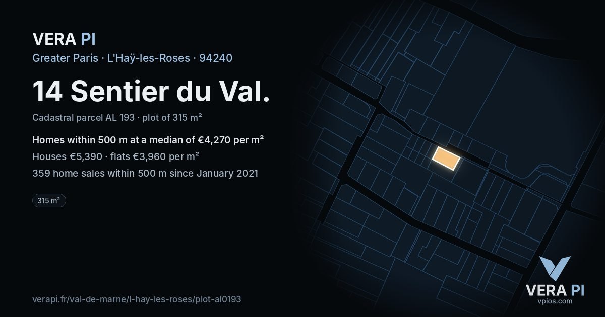 14 Sentier du Val, L'Haÿ-les-Roses at night – the plot lit, the parcels around coloured by the prices near them