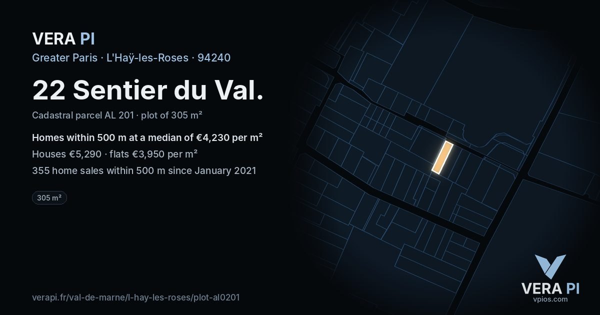 22 Sentier du Val, L'Haÿ-les-Roses at night – the plot lit, the parcels around coloured by the prices near them