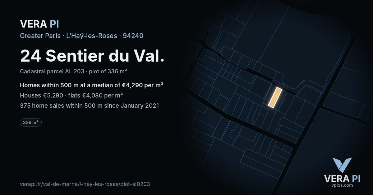 24 Sentier du Val, L'Haÿ-les-Roses at night – the plot lit, the parcels around coloured by the prices near them