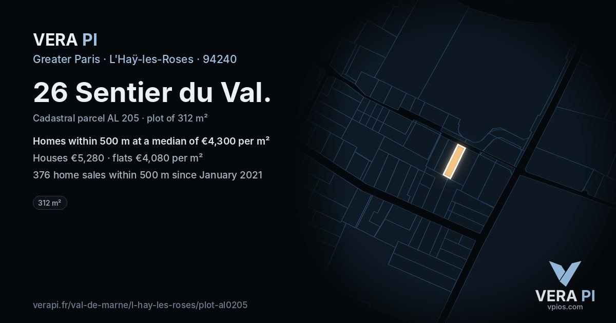 26 Sentier du Val, L'Haÿ-les-Roses at night – the plot lit, the parcels around coloured by the prices near them