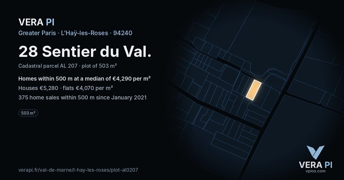 28 Sentier du Val, L'Haÿ-les-Roses at night – the plot lit, the parcels around coloured by the prices near them