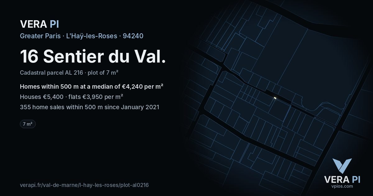16 Sentier du Val, L'Haÿ-les-Roses at night – the plot lit, the parcels around coloured by the prices near them