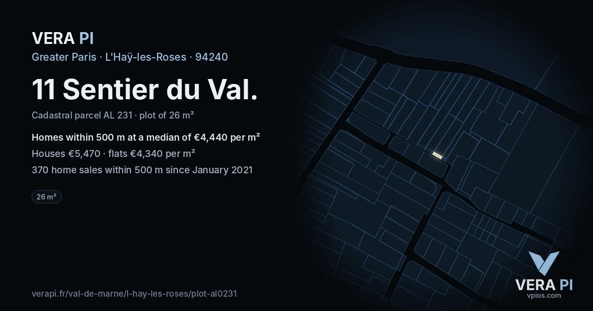 11 Sentier du Val, L'Haÿ-les-Roses at night – the plot lit, the parcels around coloured by the prices near them