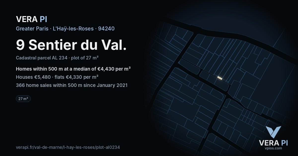 9 Sentier du Val, L'Haÿ-les-Roses at night – the plot lit, the parcels around coloured by the prices near them