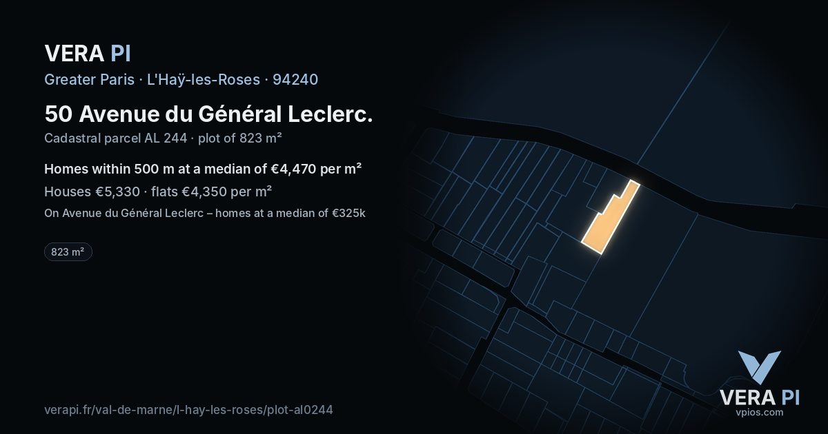 50 Avenue du Général Leclerc, L'Haÿ-les-Roses at night – the plot lit, the parcels around coloured by the prices near them