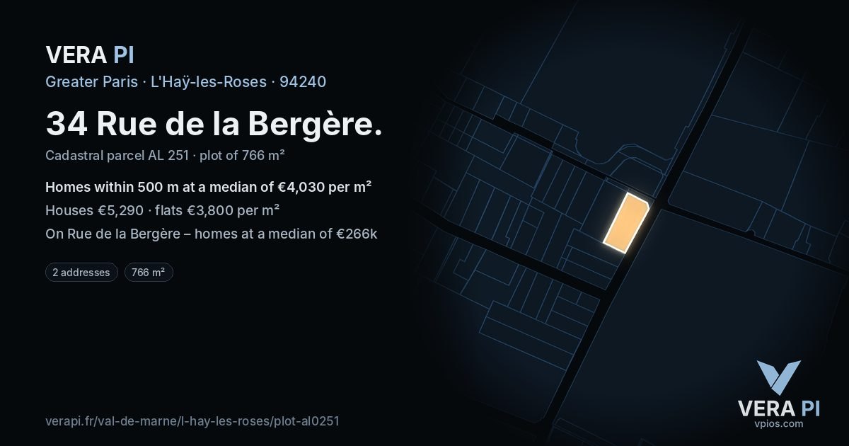 34 Rue de la Bergère, L'Haÿ-les-Roses at night – the plot lit, the parcels around coloured by the prices near them