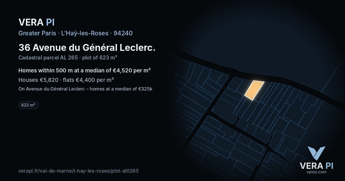 36 Avenue du Général Leclerc, L'Haÿ-les-Roses at night – the plot lit, the parcels around coloured by the prices near them