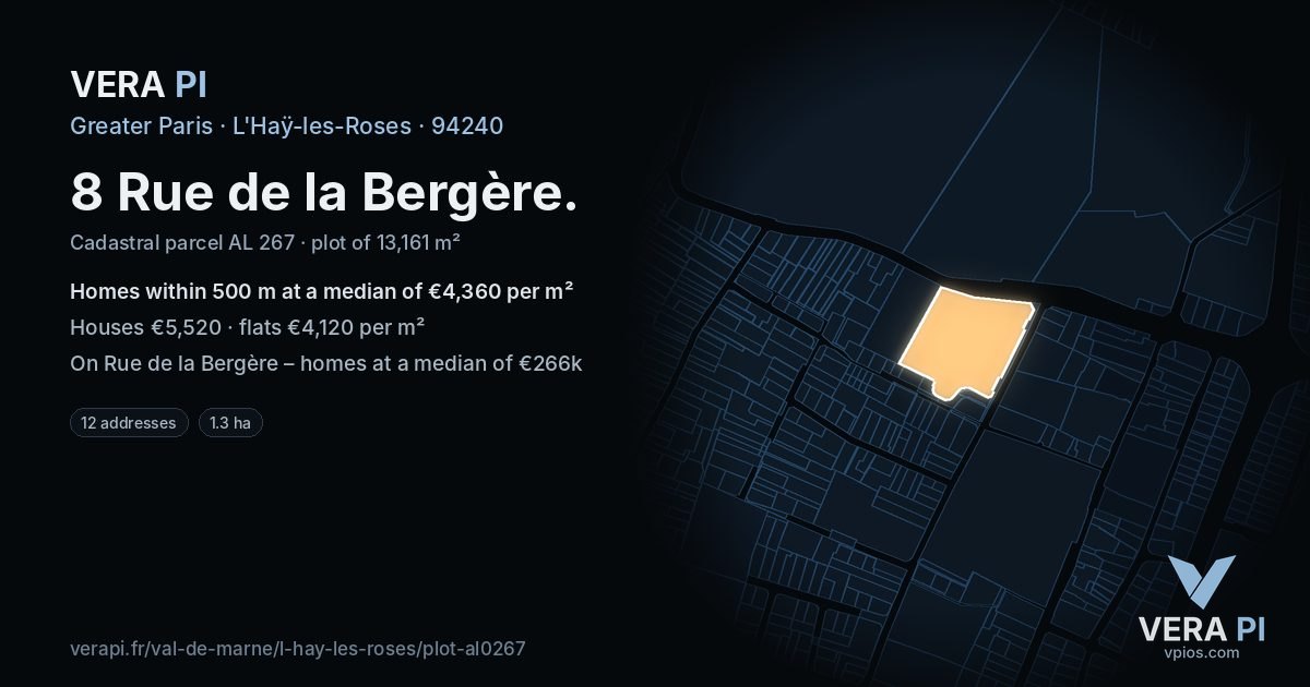 8 Rue de la Bergère, L'Haÿ-les-Roses at night – the plot lit, the parcels around coloured by the prices near them