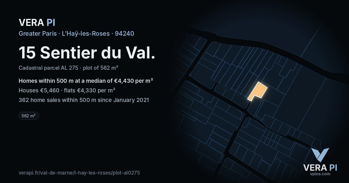 15 Sentier du Val, L'Haÿ-les-Roses at night – the plot lit, the parcels around coloured by the prices near them
