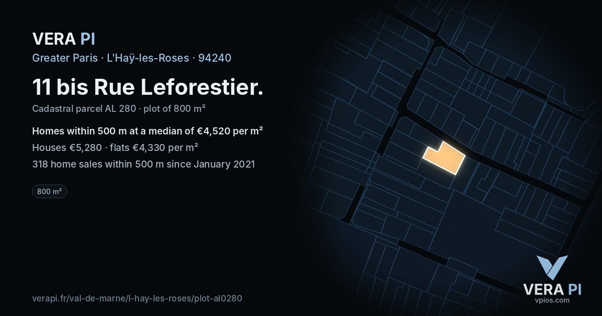 11 bis Rue Leforestier, L'Haÿ-les-Roses at night – the plot lit, the parcels around coloured by the prices near them