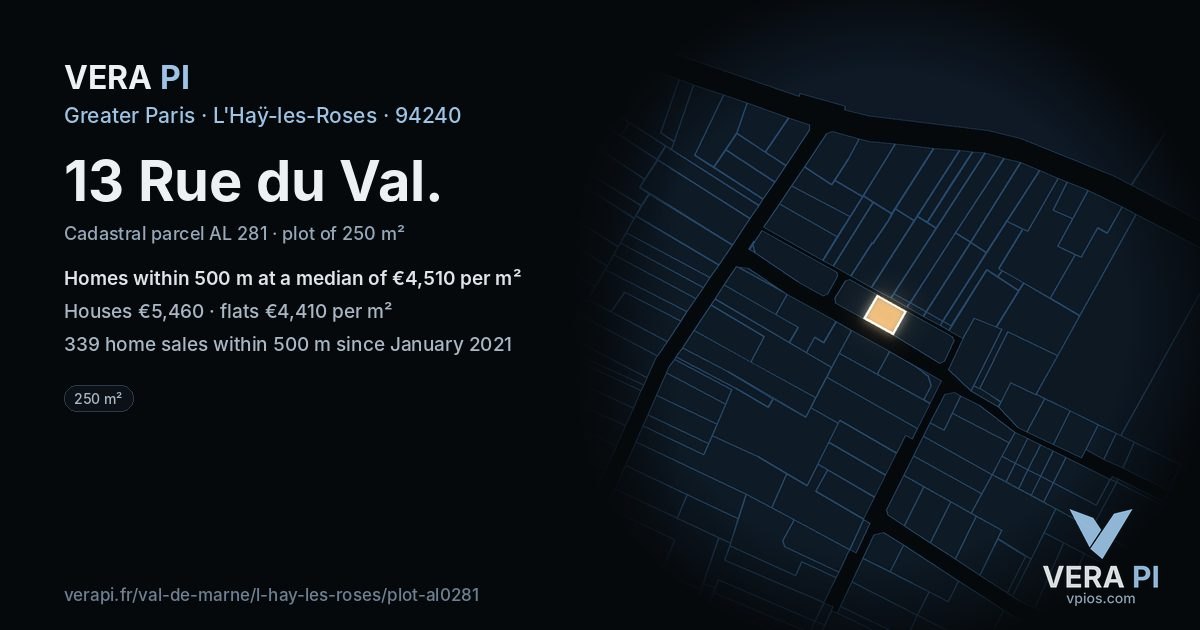 13 Rue du Val, L'Haÿ-les-Roses at night – the plot lit, the parcels around coloured by the prices near them