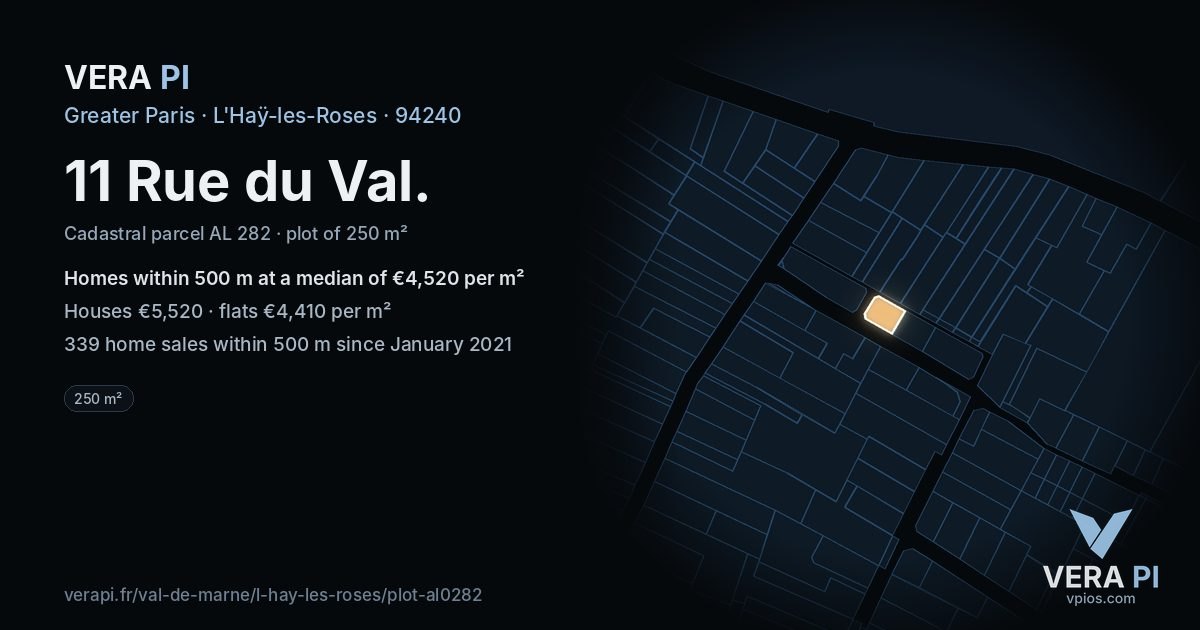 11 Rue du Val, L'Haÿ-les-Roses at night – the plot lit, the parcels around coloured by the prices near them