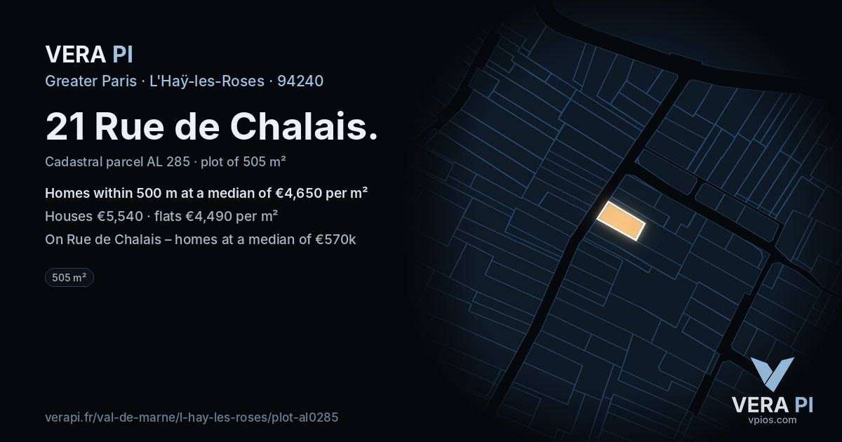 21 Rue de Chalais, L'Haÿ-les-Roses at night – the plot lit, the parcels around coloured by the prices near them