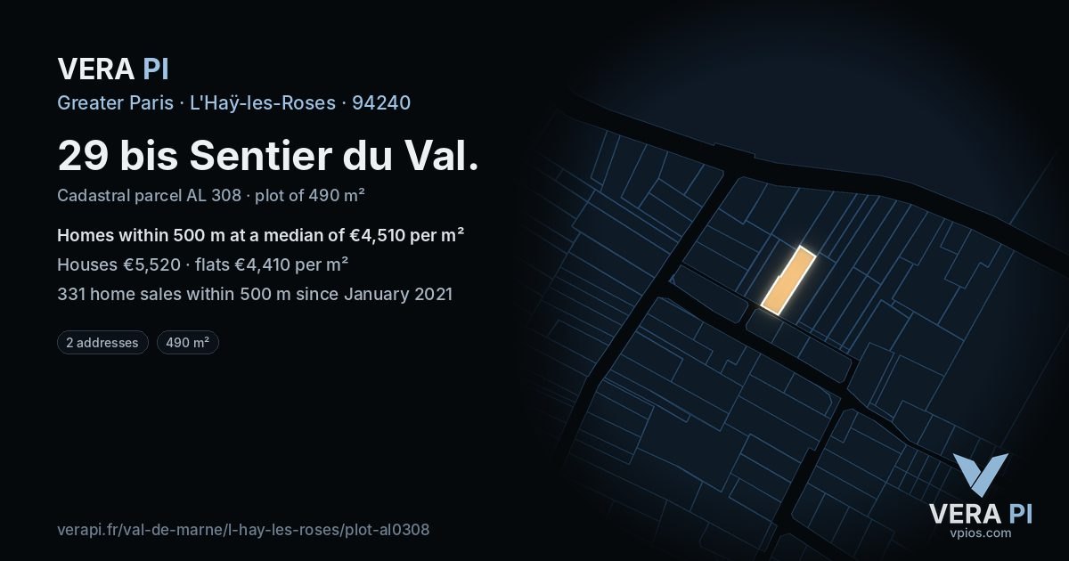 29 bis Sentier du Val, L'Haÿ-les-Roses at night – the plot lit, the parcels around coloured by the prices near them