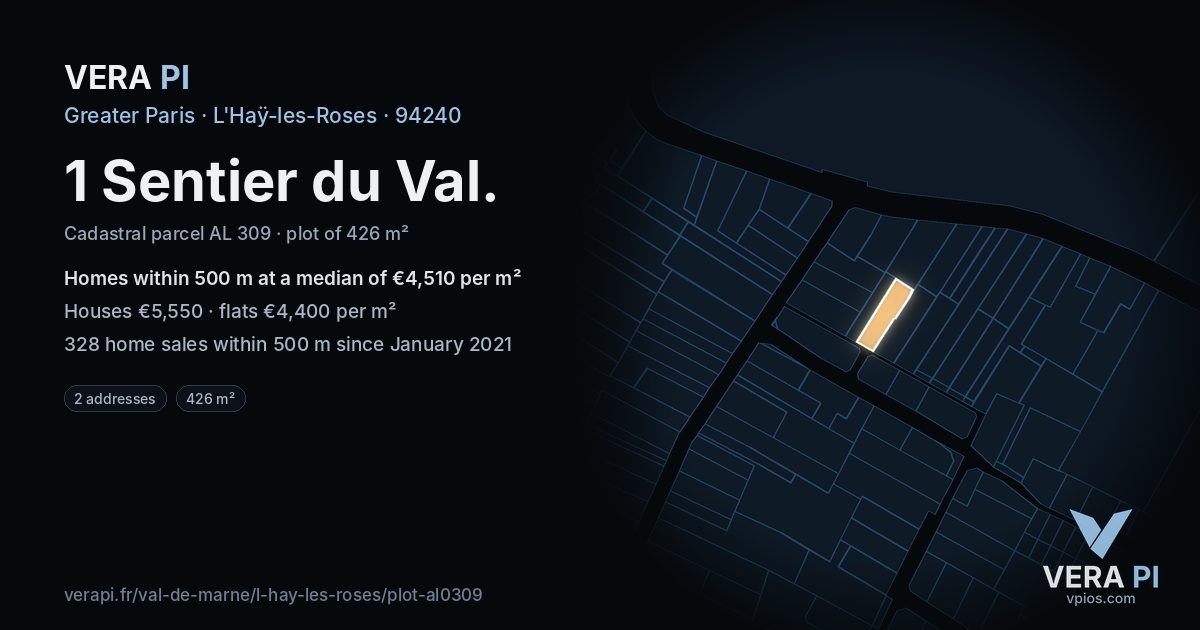 1 Sentier du Val, L'Haÿ-les-Roses at night – the plot lit, the parcels around coloured by the prices near them
