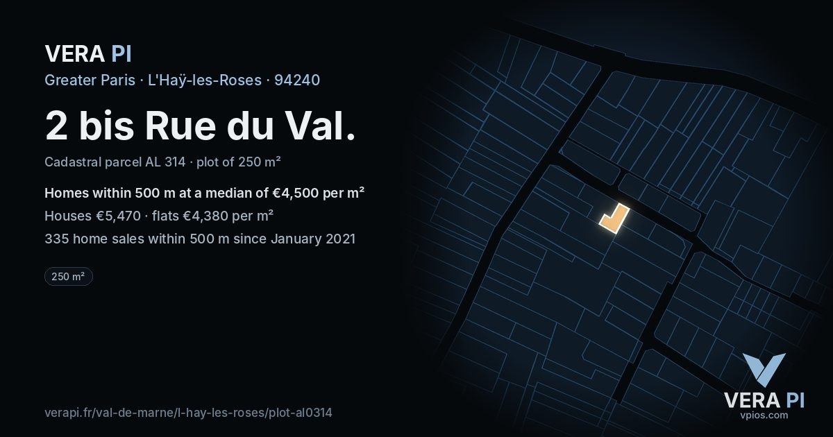 2 bis Rue du Val, L'Haÿ-les-Roses at night – the plot lit, the parcels around coloured by the prices near them